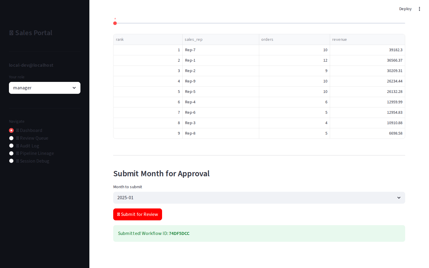 Submit section and success confirmation