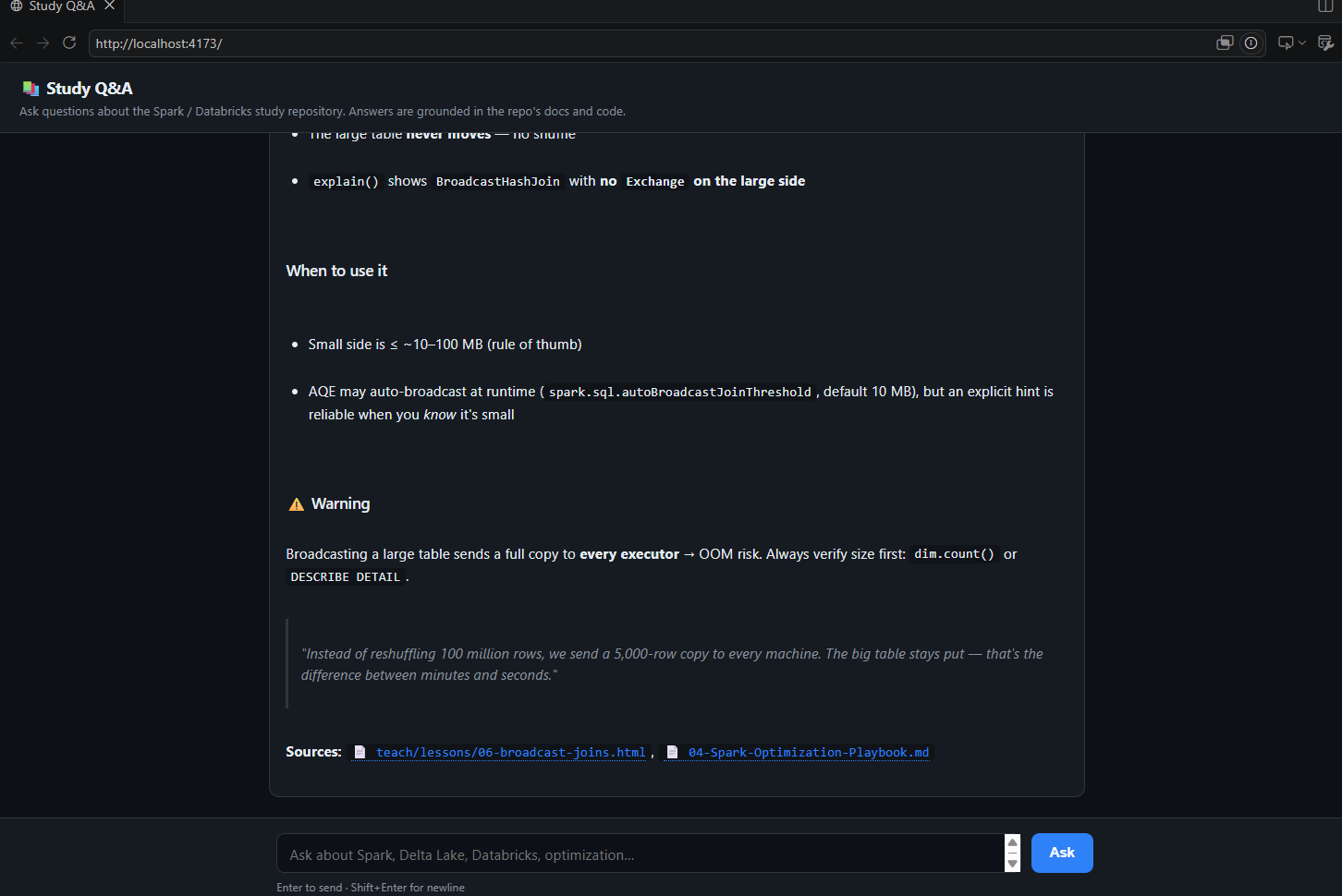 The Study Q&A web app answering a question about broadcast joins, with clickable file citations back to the source lesson and playbook