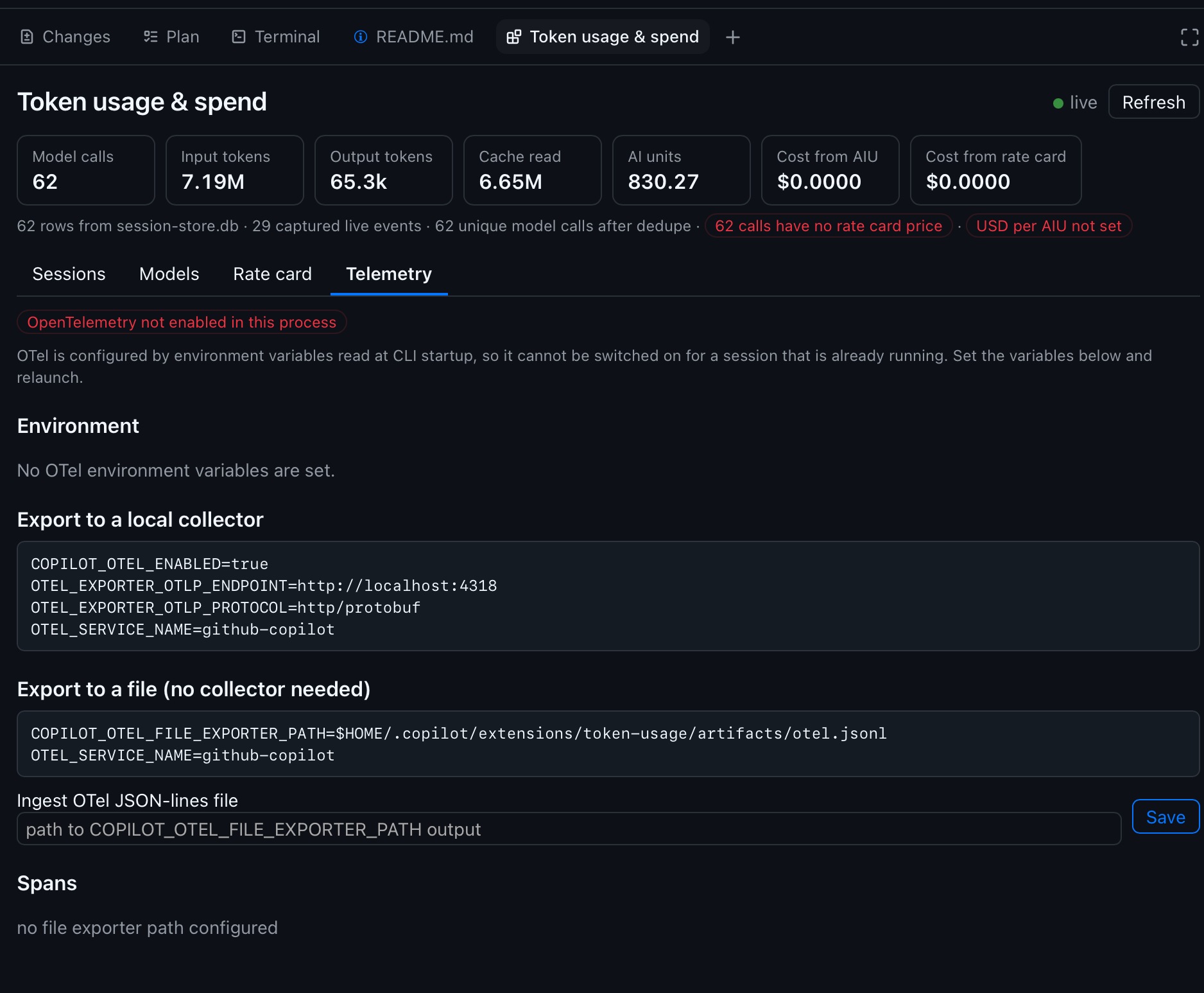 The Telemetry tab: OpenTelemetry status and copyable configuration snippets